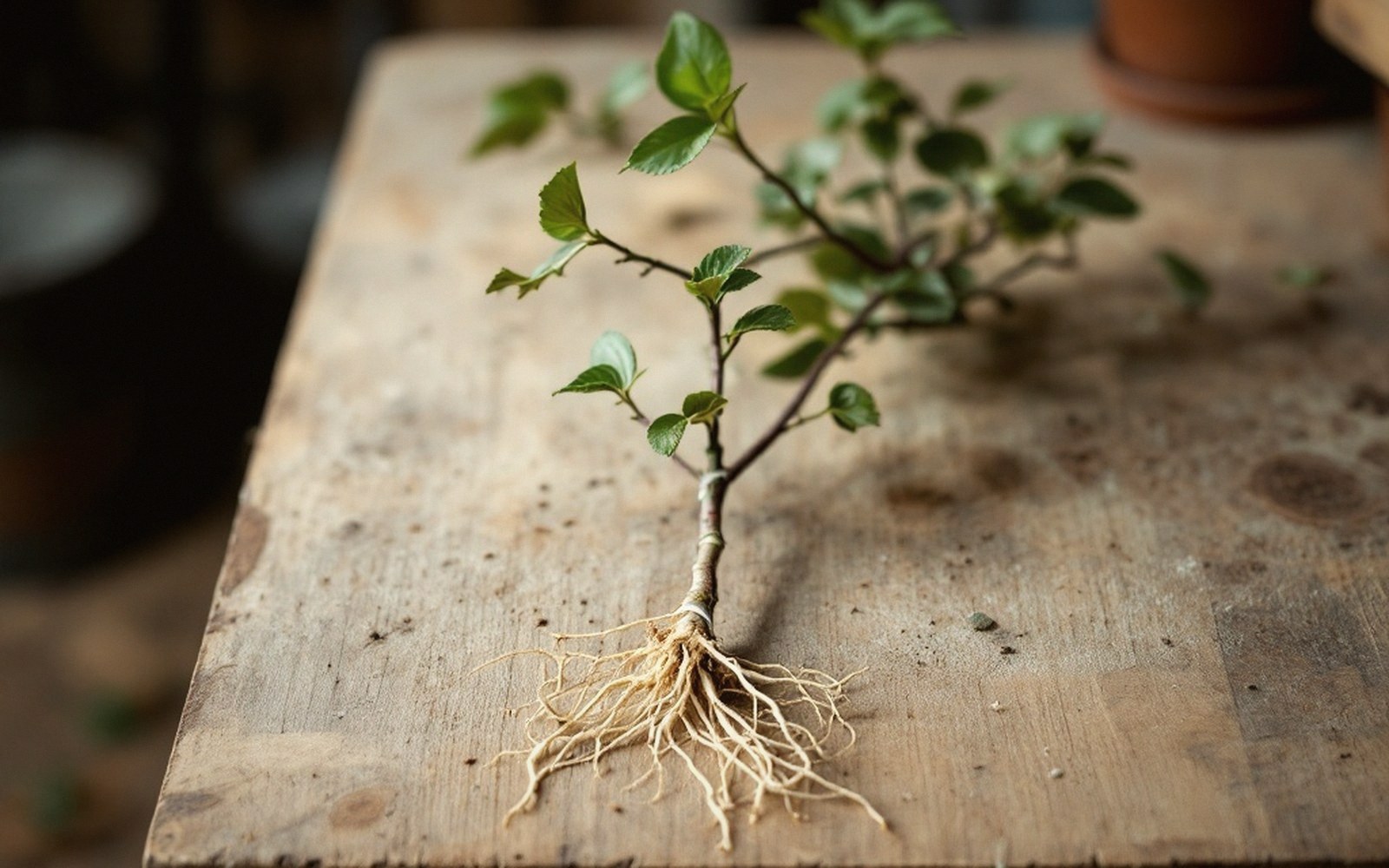 A young grafted tree with bare roots lying on a bench