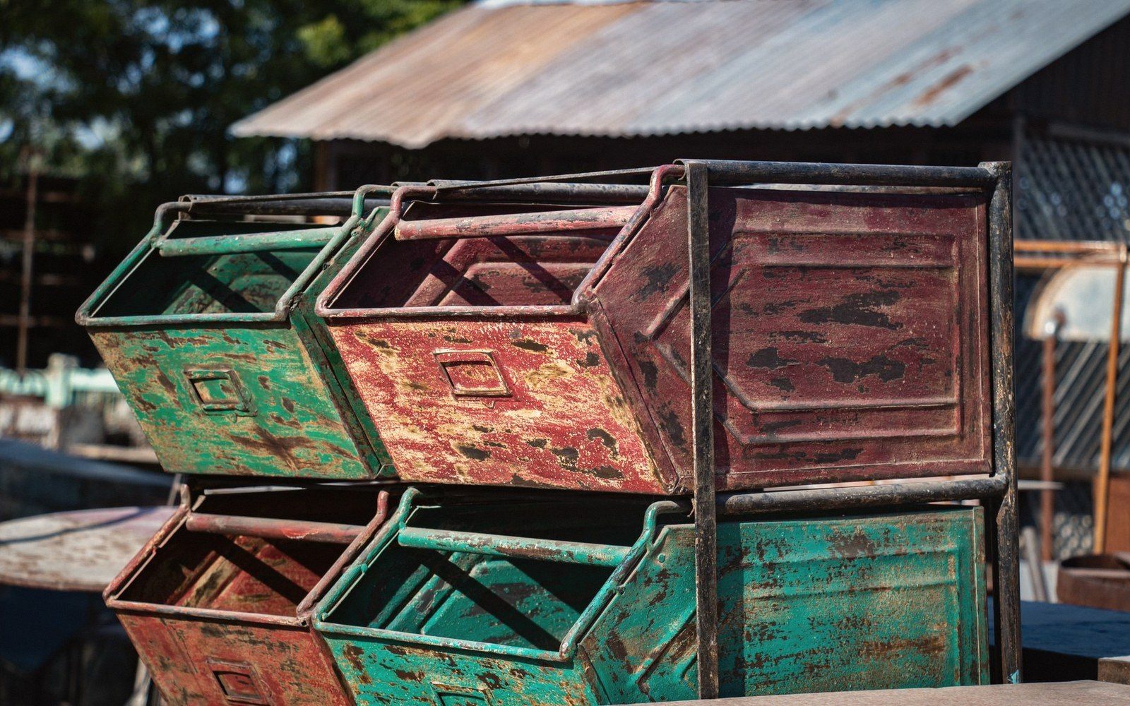 Stacked orchard bins beside a shed