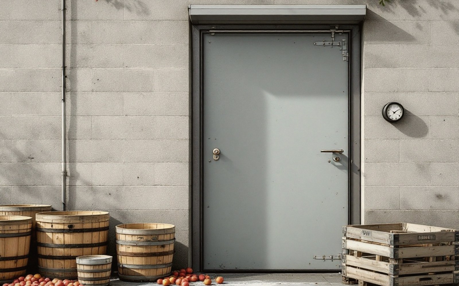 An insulated store door in a concrete wall, baskets and crates outside
