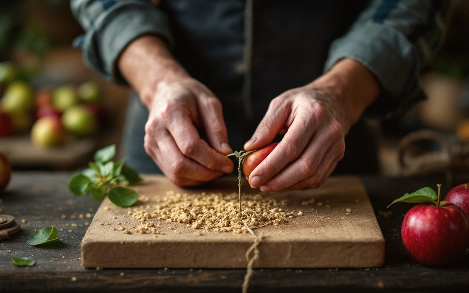 Hands working at a bench with an apple and sawdust