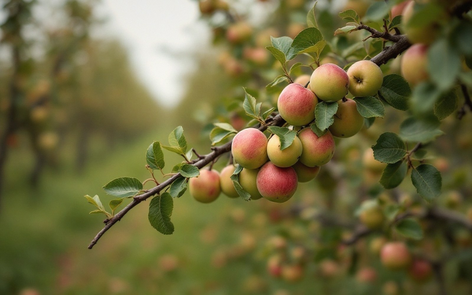A branch carrying a heavy cluster of apples