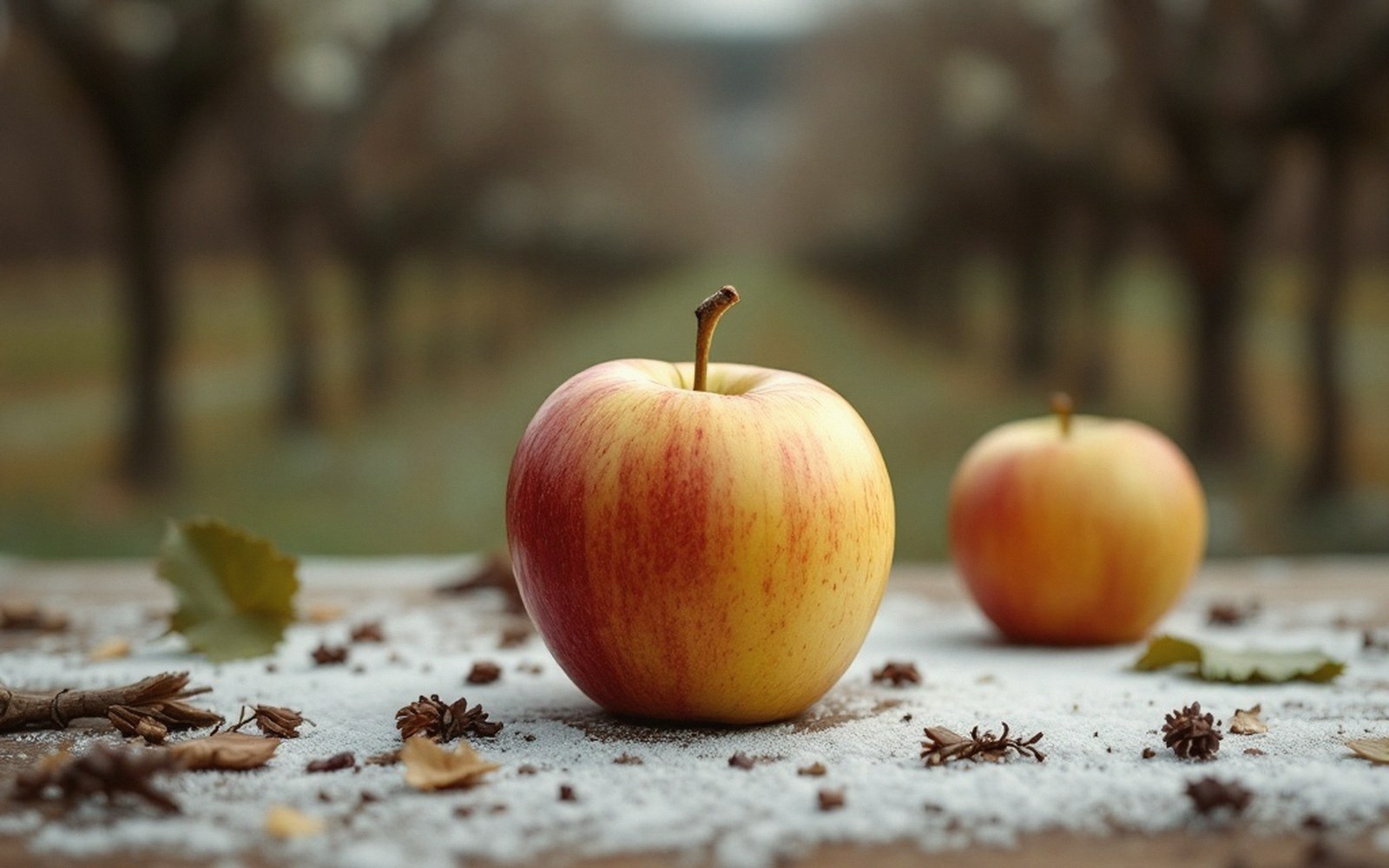 Two apples on a cold surface in front of bare orchard rows