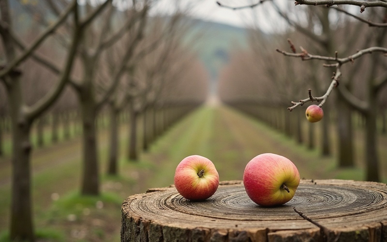 Two apples on a cut stump in front of an orchard