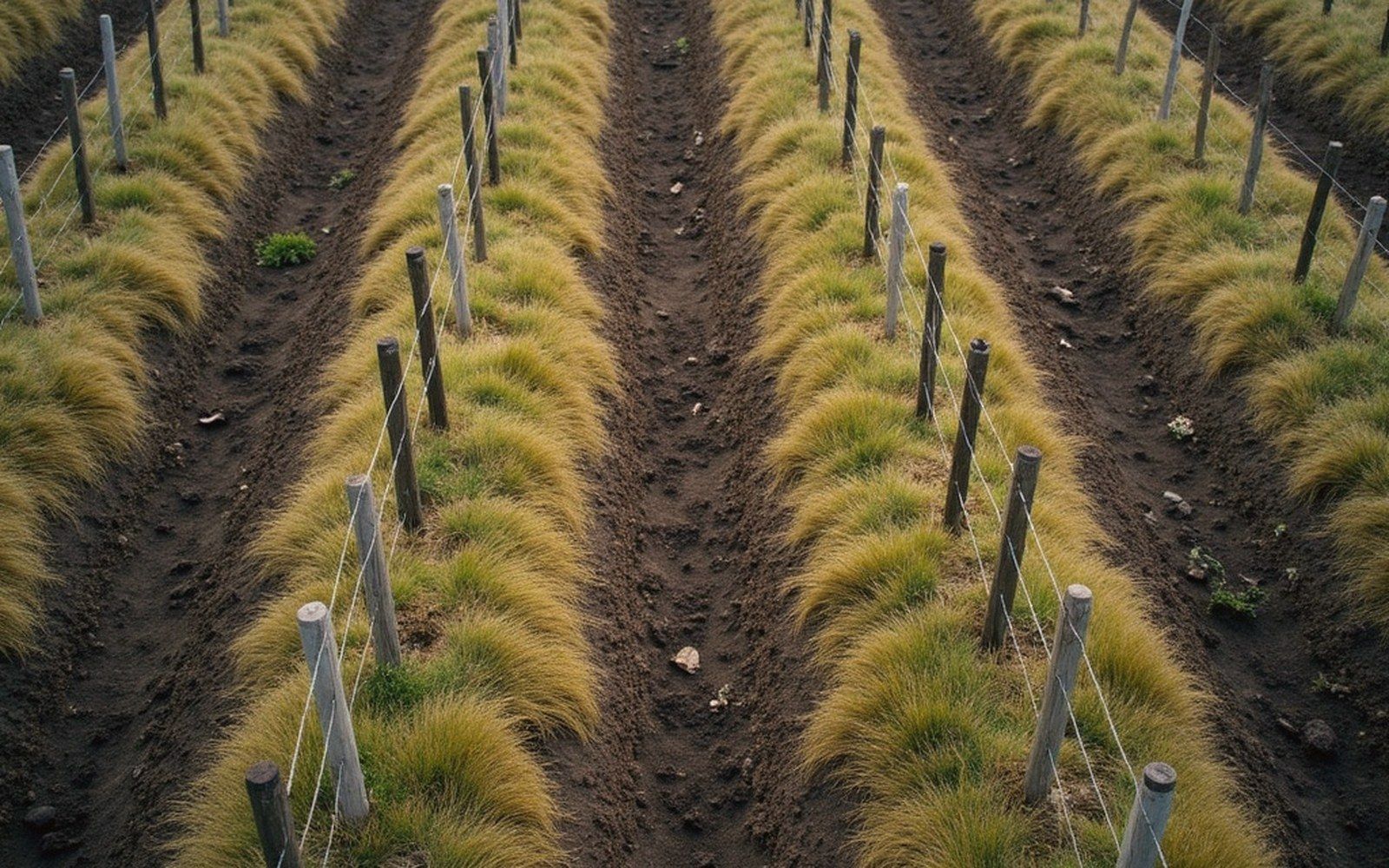 Rows of posts and grassed mounds seen from above