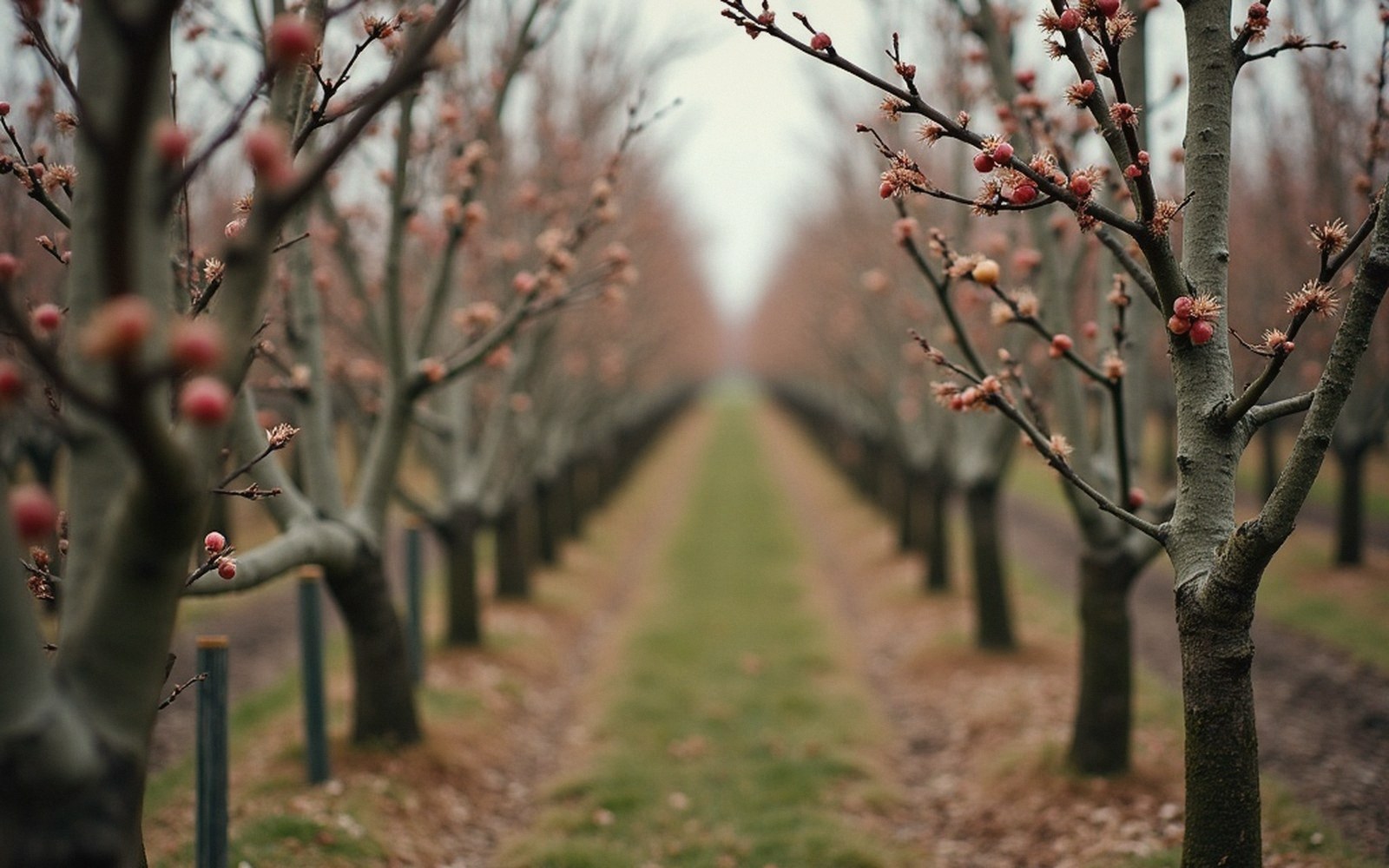 Bare orchard rows in early spring