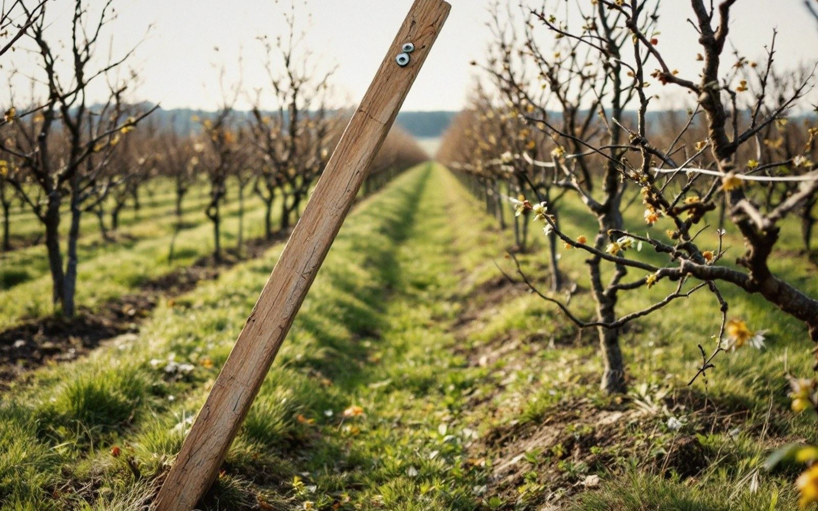 A leaning wooden post at the end of an orchard row