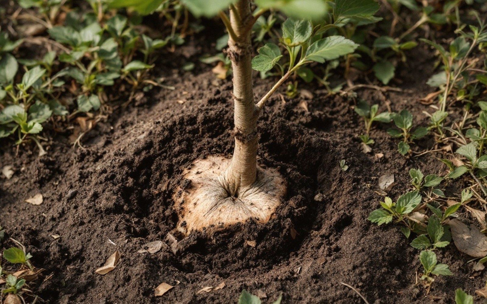 A young tree stem where it meets bare soil