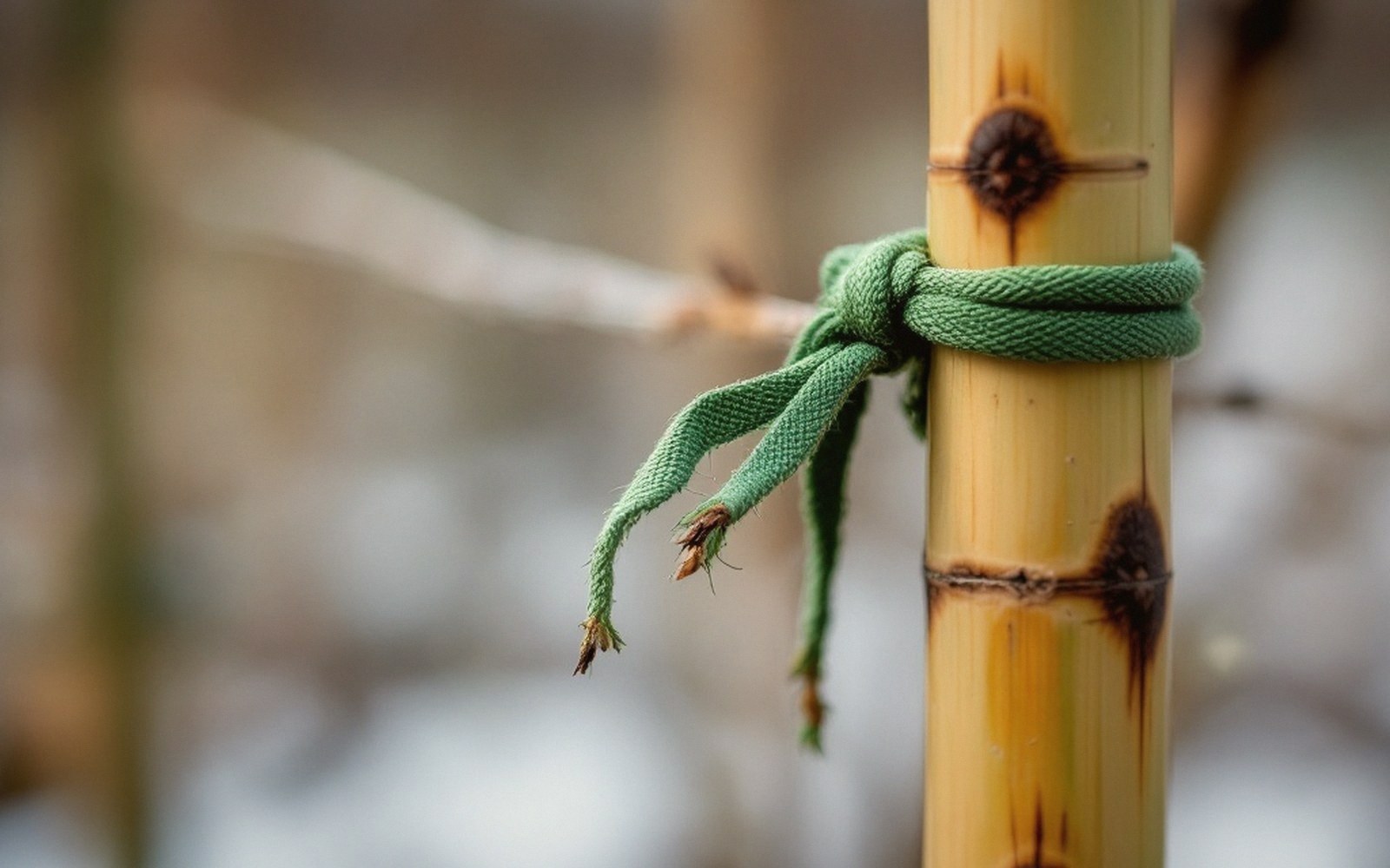 A green tie knotted around a bamboo cane