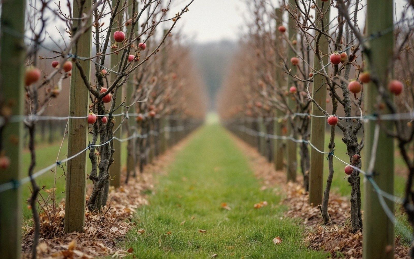 A trellised row of slender trees carrying fruit