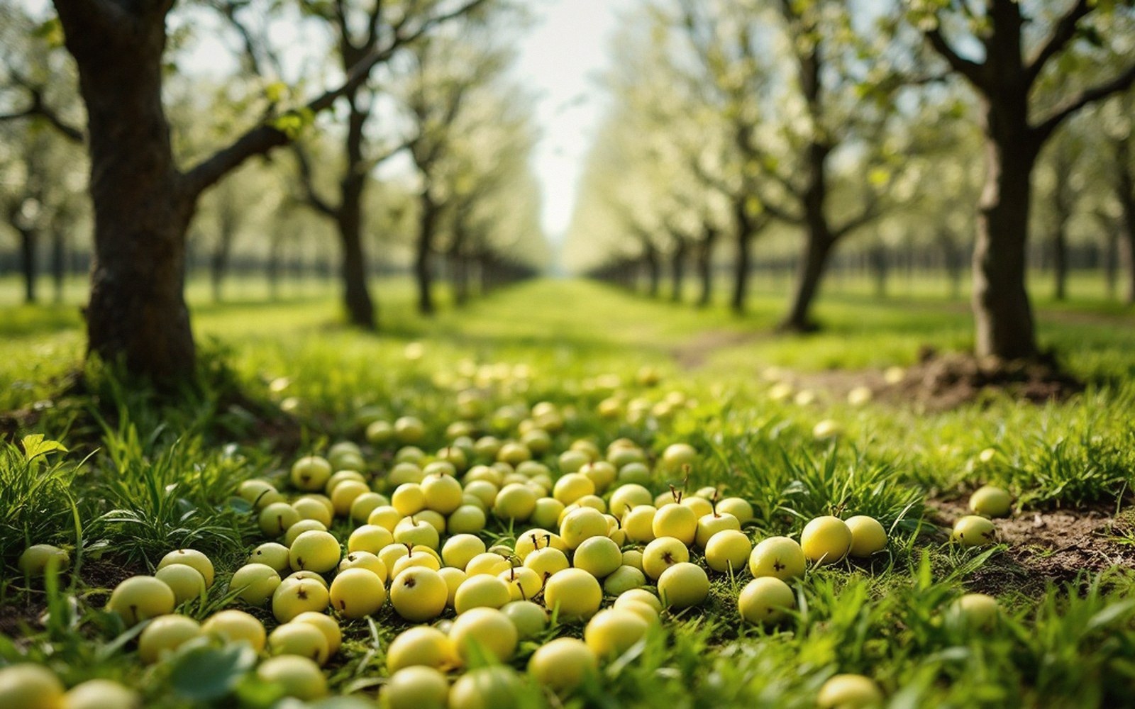 Small green fruitlets scattered on the grass beneath orchard trees